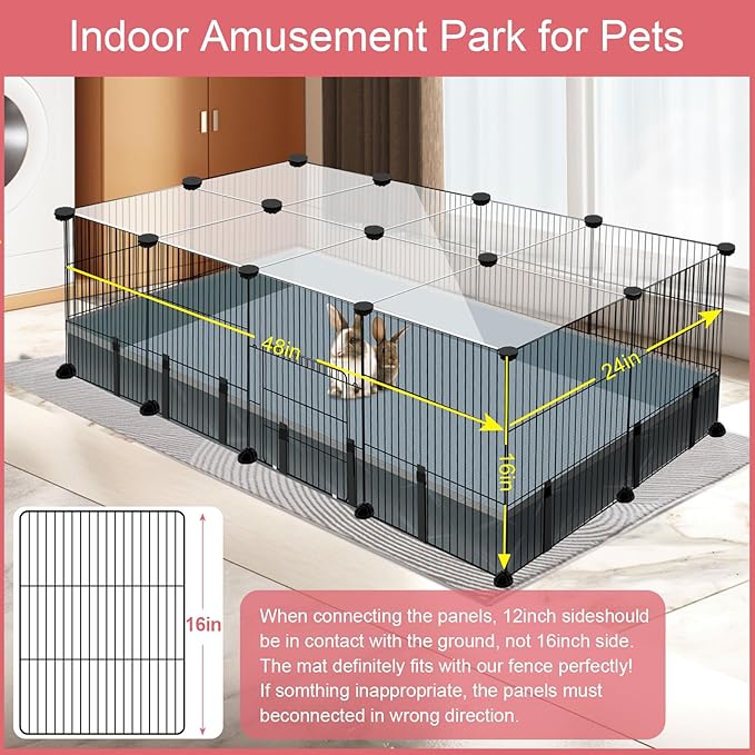 20 Panels Small Animal Playpen, 48" x 24" x 16" Pet Playpen with Waterproof Mat, C&C Cage for Guinea Pigs, Rabbit/Bunny/Baby Chicken Cage,Bunny/Puppy/Chicken Pen Indoor Outdoor Portable Metal Fence-PawvioPets