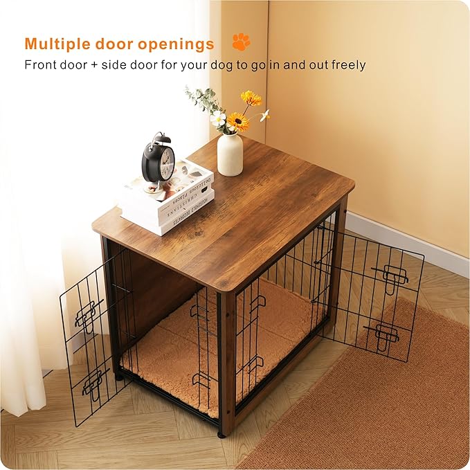 DWANTON Dog Crate Furniture with Cushion, Wooden Kennel Table with Double Doors, Indoor Dog House, Small/Medium/Large Size, 27.2" L, Warm Brown-PawvioPets
