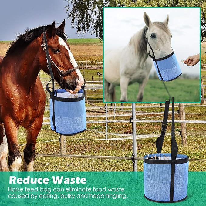 2 Pcs Horses Feed Horse Bag for Grain Hay Bags Heavy Duty Mesh Horse Feeder with Adjustable Strap Comfort Neck Pad Nose Pad and Waterproof Bottom Muzzle(Blue)-PawvioPets