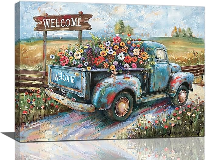 Farmhouse Truck Wall Art Rustic Country Wildflowers Wall Decor Road Flowers Landscape Pictures Canvas Print Painting Artwork for Bathroom Living Room Bedroom 12"x16"-PawvioPets