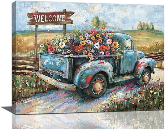 Farmhouse Truck Wall Art Rustic Country Wildflowers Wall Decor Road Flowers Landscape Pictures Canvas Print Painting Artwork for Bathroom Living Room Bedroom 12"x16"-PawvioPets