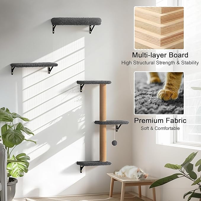 FUKUMARU Cat Wall Shelves, Stable & Safe 4 in 1 Cat Furniture Set, Wooden Climbing Wall with Scratching Post for 16 Inch Drywall - Gray-PawvioPets