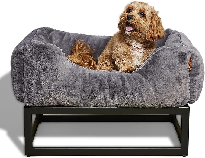 FUZI Luxury Aesthetic Dog Bed for Small Dogs with Washable Cover, Pet Couch, Pet Bed with Sides, Non-Slip Bottom, Soft & Durable Calming Dog Bed, Faux Rabbit Fur Cover, Small 25.1x16.75x9.5 Dark Grey-PawvioPets