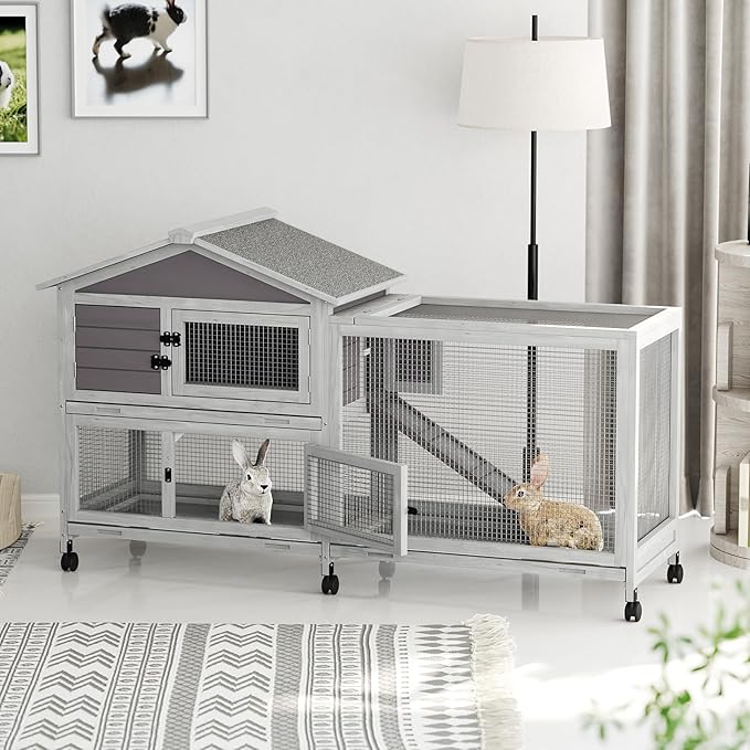 2-Tier Rabbit & Chicken House Mobile,Wooden Chicken Coop & Bunny Cage with Non-Slip Ramp, 4 Doors,Waterproof Roof & Pull-Out Tray,Outdoor/Indoor Pet Cage Movable-PawvioPets