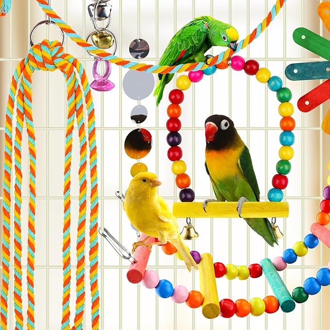 8 pcs Bird Toys for Parakeets with Colorful Ladder Hammock Bird Cage Accessories Bird Perch Stand Chewing Toys Hanging Bell Parrot-PawvioPets
