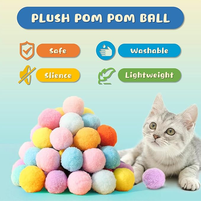 30 Pcs Premium Silent Cat Pom Pom Balls, Interactive Lightweight Assorted Colors Fuzzy Toy Balls (1.2 inches), with 4 Pcs Cat Spring Toy for Indoor Kitten Playing Exercising-PawvioPets