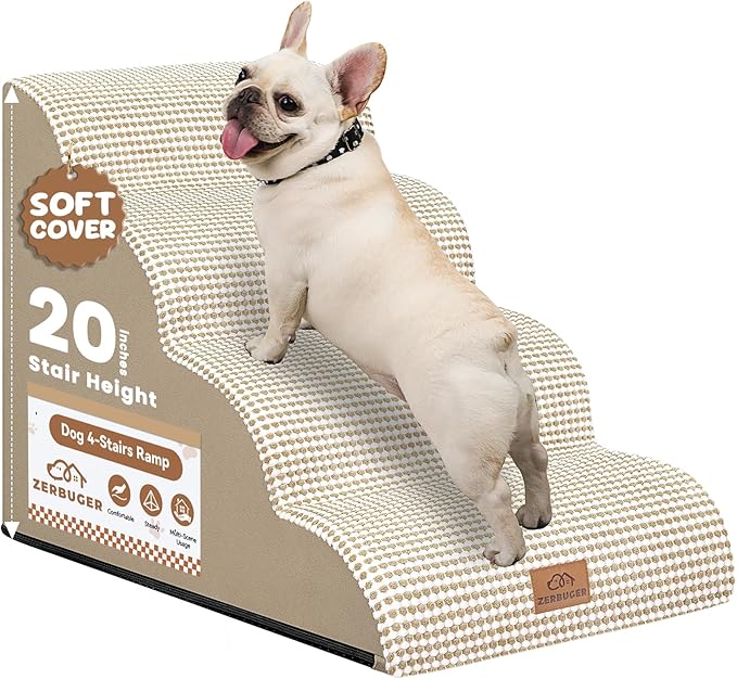 Dog Ramp and Stair for Bed 16" H-20 H,3-Step Cat Stair for Sofa and Chair,4-Step Dog Ramp for High Bed and Window,Durable Nonslip Fabric Cover for Indoor (Beige-20 H, Pet Friendly, 4)-PawvioPets