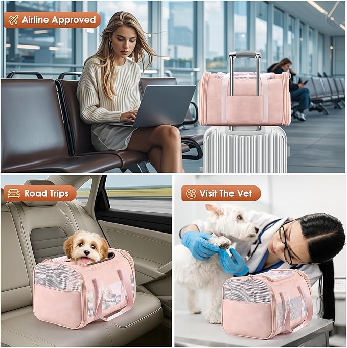 Fashion Leather Dog Carrier, Airline Approved Cat Carrier Soft Sided Pet Bag Carrier Purse for Puppy Kitten Small Animals Pink-PawvioPets