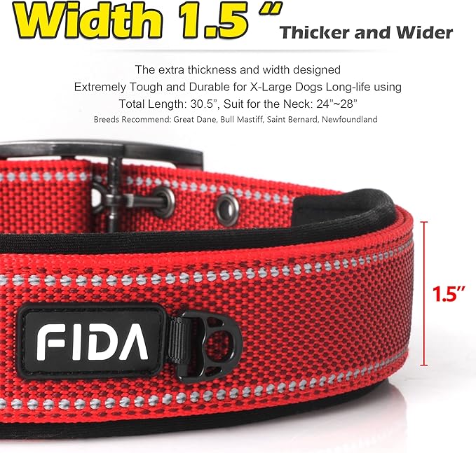 Fida Heavy Duty Dog Collar 1.5” Width, Ultra Soft Neoprene Padded, Adjustable Reflective Nylon Pet Collar with Two Metal Pin Belt Buckle for Large/X-Large Breeds (XL, Red)-PawvioPets