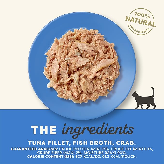 Applaws Natural Wet Cat Food in Broth, Limited Ingredient Wet Cat Food Pouches, No Additives, Made with Natural Ingredients, Tuna Fillet with Crab in Broth (12 x 5.3oz Pouches)-PawvioPets