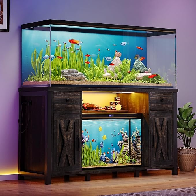 75 Gallon Fish Tank Stand with LED Light & Power Outlets, 55-75 Gallon Heavy Duty Metal Aquarium Stand with Drawers & Barn Doors, Cabinet for 2 Fish Tank Accessories Storage, Dark Oak-PawvioPets