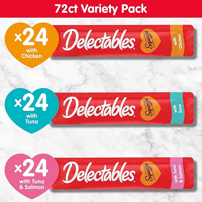 Delectables Squeeze Up Variety Pack, Creamy Squeezable Puree, Lickable Wet Cat Treats, Grain Free, No Added Fillers, No by-Products, No Added Preservatives, 0.5 Ounces Tube, 72 Tubes Total-PawvioPets