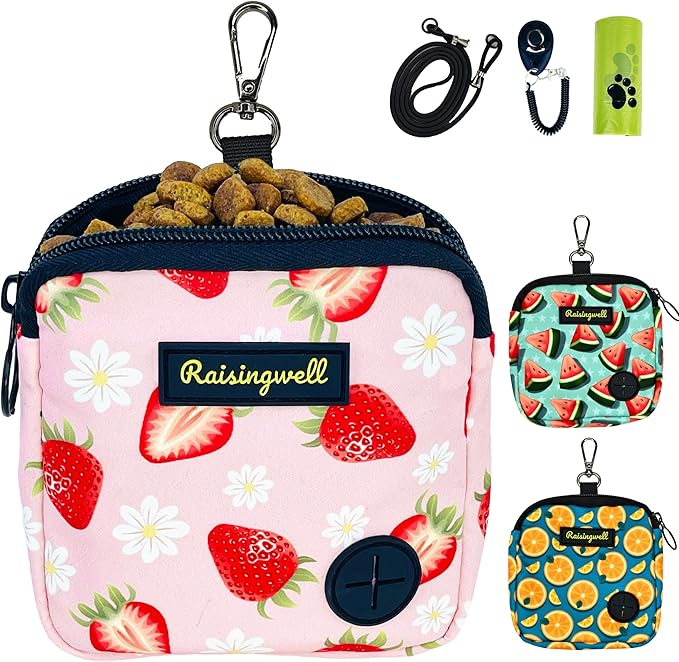 Dog Treat Pouch for Pet Walking and Training with Clicker Poop Bags Small Fanny Zipper Pack Holder for Puppy Snack Dispenser Kit for Leash and Outdoor Use (Strawberry)-PawvioPets