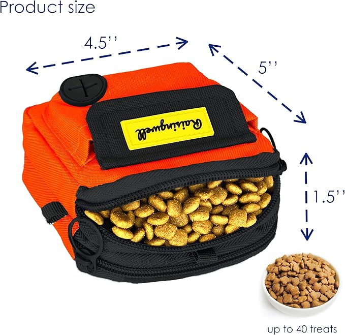 Dog Treat Pouch for Pet Walking and Training with Clicker Poop Bags, and Three Bags Design Small Fanny Zipper Pack Holder for Puppy Snack Dispenser Kit for Leash and Outdoor Use (Orange)-PawvioPets