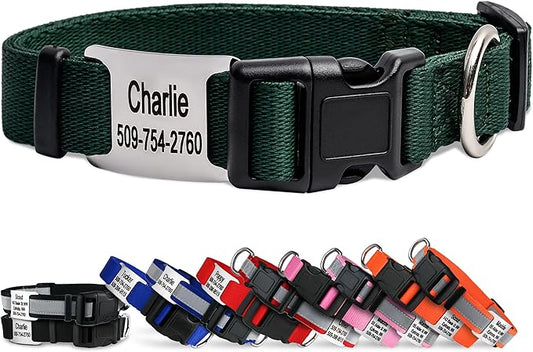 GoTags Personalized Dog Collar with Nameplate, Adjustable Dog Collar with Custom Engraved Slide On Pet ID Tag in Stainless Steel, Silent, No Noise Dog Tag (Hunter Green, Large)-PawvioPets