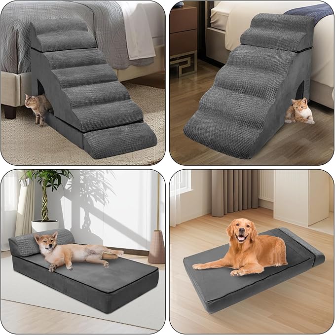 Foam Dog Stairs & Steps Ramps for High Beds 30-36 inches High Tall Large Dogs, LitaiL 7 Step Pet Stairs Steps for High Beds 30 inch Small Dogs, Non-Slip Dog Ramps for Bed-PawvioPets