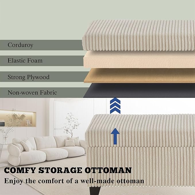 48" Ottoman with Storage, Corduroy Storage Ottoman Bench for Bedroom, End of Bed Bench with Safety Hinge for Living Room, Bedroom, Entryway, Beige-PawvioPets