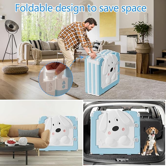 Foldable Dog Play Pen Indoors, Non-Slip Sturdy Puppy Playpen with Door, 25.5" H 12-Panel Adjustable Shape Dog Fence Pen for Small/Medium Dogs, Thickened, Easy to Store, White+Blue-PawvioPets