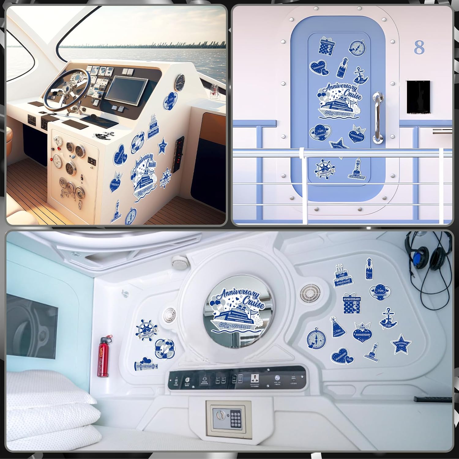 Happy Anniversary Cruise Door Magnets Decorations, Blue Silver Happy Anniversary Cruise Ship Door Decor Magnetic for Married Men Women Wedding Party Refrigerator Fridge Car Kitchen Garage Personalized