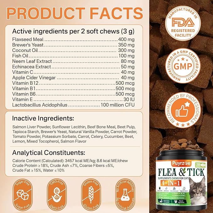 4-in-1 Flea Treatment for Cats Chewable, Natural Cat Flea and Tick Prevention Chewable Supplement for Skin & Coat | Immunity Support | Digestive | Flea & Tick Treatment for All Breeds & Sizes-PawvioPets