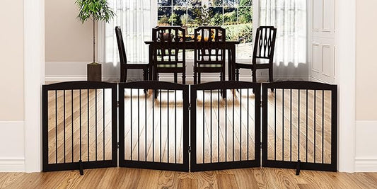 Freestanding Pet Gate for Dogs, Foldable Wooden Dog Gate for House, Indoor Dog Gate for Stair, Doorway, Gates for Dogs Indoor, 80 Inch Wide, 4 Panels 24",Brown-PawvioPets