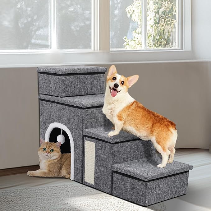 Dog Stairs for Bed and Couch 23“H, Foldable Dog Stairs for Small Older Dogs, 4 in 1 Adjustable Pet Cat Steps Ramps with Storage, Condo, Cat Scratcher, Hold Up to 180LBS, 4 Steps-PawvioPets