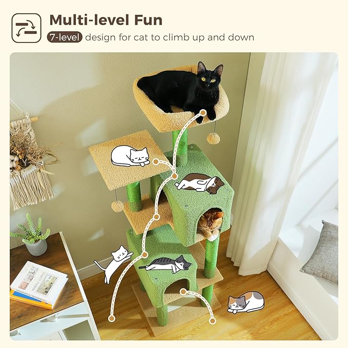Cactus Cat Tree, 62-Inch Tall Multi-Level Cat Tower with Scratching Posts, Cat Condos for Large Indoor Cats, Plush Cat Bed w/Padded Perches, Scratching Pad & 2 Green Pompoms, Green-PawvioPets