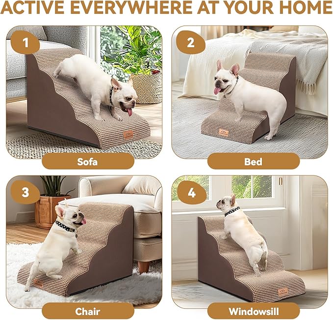Dog Ramp and Stair for Bed 16" H-20 H,3-Step Cat Stair for Sofa and Chair,4-Step Dog Ramp for High Bed and Window,Durable Nonslip Fabric Cover for Indoor (Coffee-20 H, Pet Friendly, 4)-PawvioPets