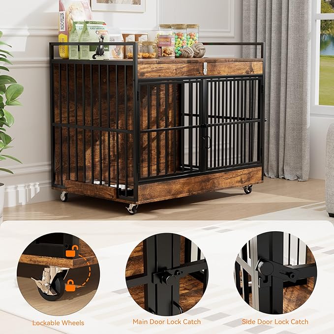 Dog Crate Furniture Large Breed with 2 Stainless Steel Bowls, Large Wooden Dog Crate Table, Escape-Proof & Chew-Proof XL Furniture, Decorate House As TV Stand, End Table, 45" L X 30" W 37" H-PawvioPets