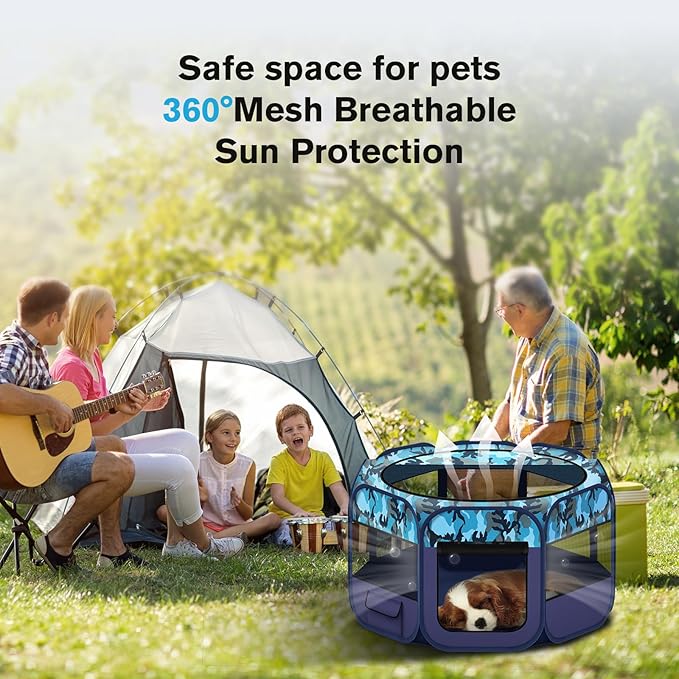 Dog Playpen, Pet Playpen, Portable Cat Playpen, Foldable Puppy Playpen Exercise Kennel Tent with Carry Case Collapsible Bowl,Water-Resistant Shade Cover for Indoor Outdoor Travel （Bule,Medium）-PawvioPets
