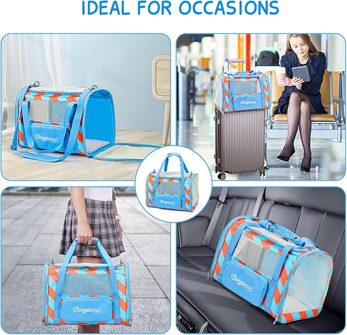 BurgeonNest Cat Carrier, Dog Cat Carriers for Large Medium Cats Under 20 lbs, Soft Sided Pet Carrier, Collapsible Travel Carry Puppy Kitten Cat Carrier with Big Side Bag (Medium, Blue-Orange)-PawvioPets