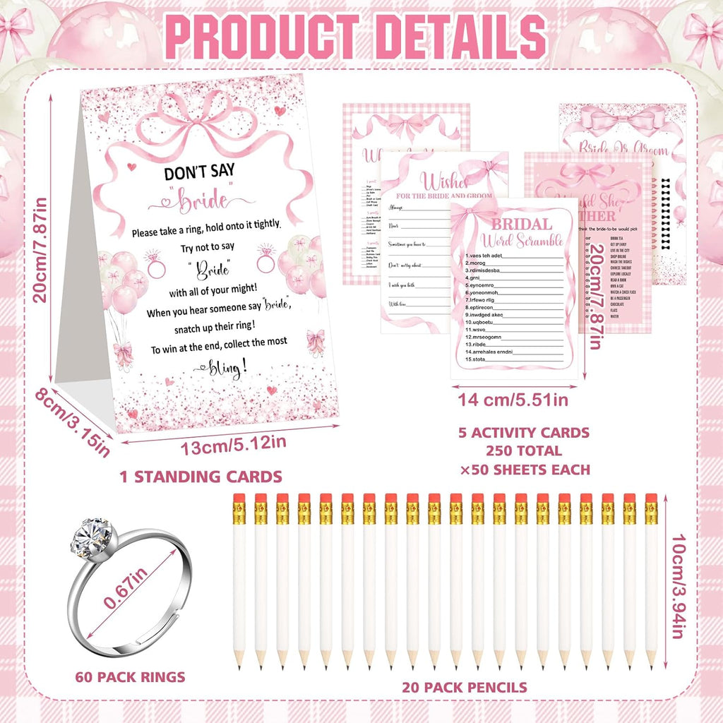 Estune 331 Pcs Bridal Shower Games Supplies, 5 Sets 250 Pcs Wedding Cards 1 Put a Ring on It Bridal Shower Games with 60 Rings and 20 Pencils (Coquette Pink Bow)