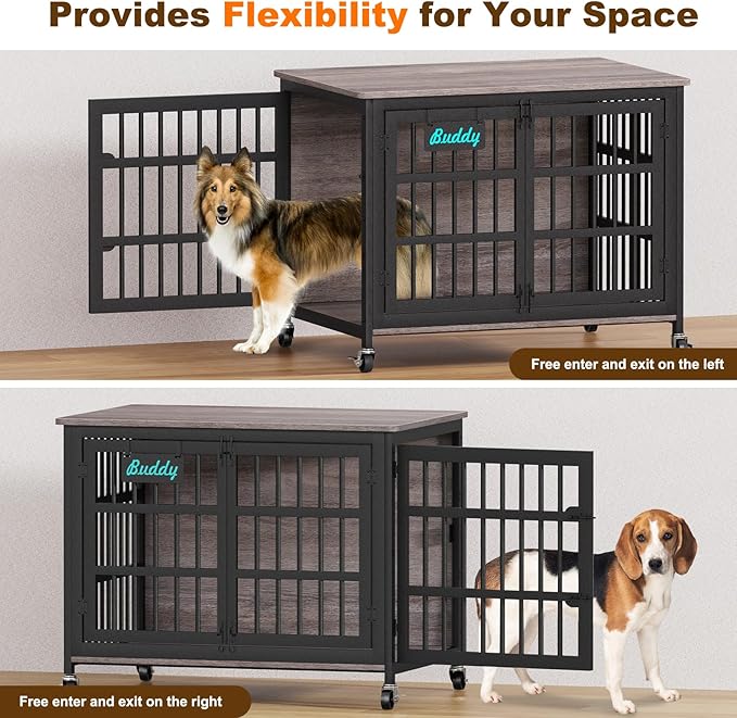 EasyCom 41"/33"/27" Dog Crate Furniture with Name Tag, Heavy Duty Dog Kennel Indoor for Medium Dogs, Double-Doors Sturdy Metal Dog Cage for Anxiety Dog, Decorate House as TV Stand, End Table-PawvioPets