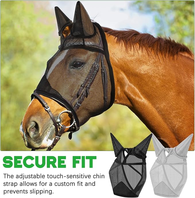 2 Pcs Horse Fly Mask with Ears Adjustable UV Protection Horse Fly Mask Accessories Large Eye Space with Ears for Horses Summer, Black and Gray, L-PawvioPets