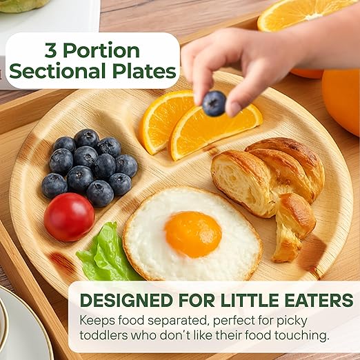 Dtocs 3 Compartment Plates (50 Pc) Palm Leaf 10 Inch Round Portion Control Buffet Sectional Plate | Bamboo Plates Disposable Like Compostable Camping Dinnerware Stronger than Divided Paper, Styrofoam-PawvioPets