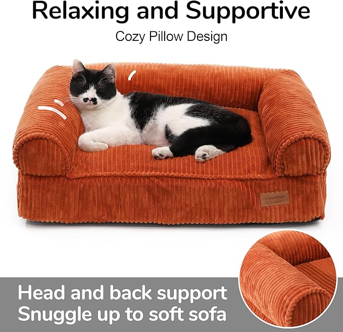 FUKUMARU Dog Couch Bed, Corduroy Cozy Cat Bed for Indoor Cats with Washable Cover, Supportive Waterproof Dog Beds Sofa for Small Dogs and Large Cats Cute, 28inch, Medium, Orange-PawvioPets