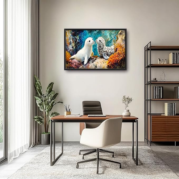 Extra Large Seal Framed Wall Art for Living Room,Oversized Underwater Animal Pictures Wall Decor,Ocean Coral Reef Canvas Print Painting Modern Artwork Bedroom Office Bathroom 36L" x 24W"-PawvioPets