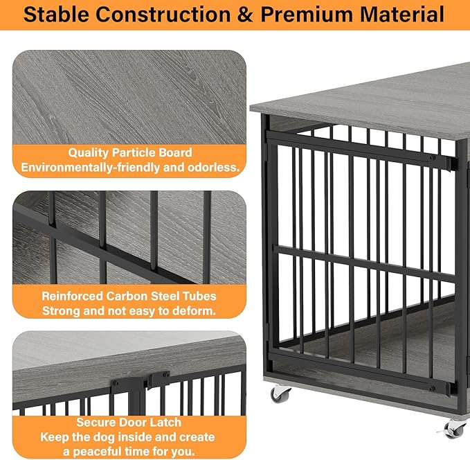 COZPAW Dog Crate Furniture, 48 Inch Dog Crates for Medium/Large Dogs, Farmhouse Wood Dog Kennel Indoor Heavy Duty Dog Cage with Caster Wheels (Gray)-PawvioPets