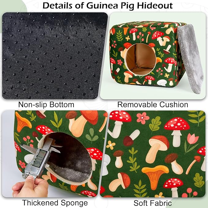 Bienbee Guinea Pig Hideout, Washable Guinea Pigs House Cozy Guinea Pigs Bed for Small Pet Bunny/Rabbit/Hamster/Chinchilla Guinea Pig Accessories Green Mushroom-PawvioPets