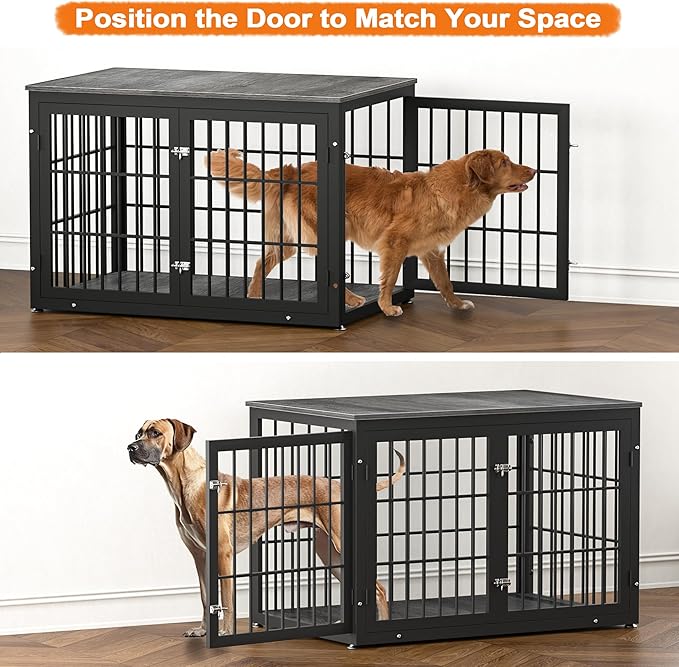 48 Inch Heavy Duty Dog Crate Furniture for Large Dogs, Decorative Pet House End Table, Extra Large Wooden Cage Kennel Furniture Indoor, Black and Gray-PawvioPets