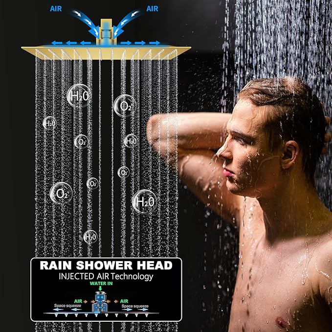 Brushed Gold Shower System Set Temperature Display Push Button Shower Faucet with 12 inch and 8 inch Wall Mount Full Body Shower Head and Handheld Shower-PawvioPets