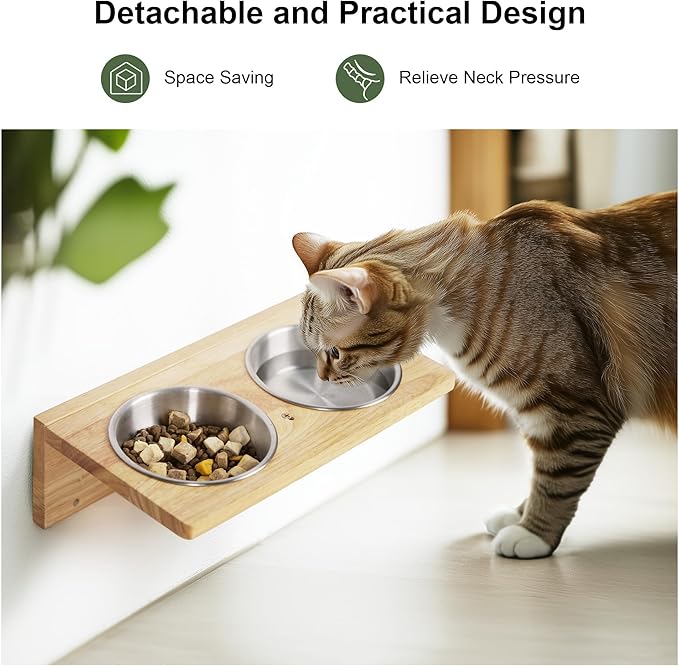FUKUMARU Cat Wall Shelves, 3 In 1 Cats Walls Furniture Set, Food Station with 2 Steps , Solid Rubber Wood Perch, Suitable for Kitten Play, Nap, Eat, DIY Wall Jungle Gym-PawvioPets