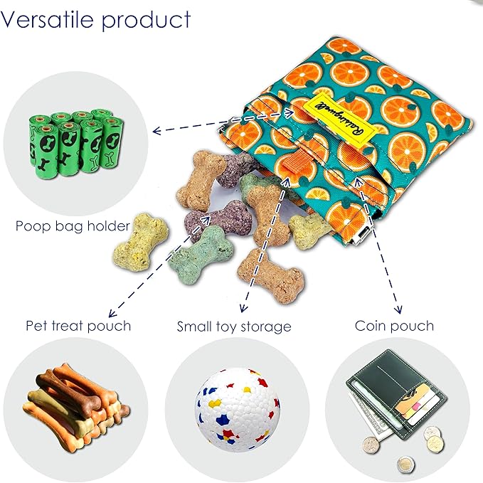 Dog Treat Pouch,Cotton Pocket Sized Training Holder, Hand Free Walking Funny Bag with Carabiner, Self-Closing Pet Feed Snack Reward, Behavior Aids for Puppy Travel or Outdoor Use（Fruit Orange）-PawvioPets