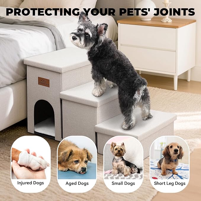 Dog Stairs with Condo 18" H, 3-Step Wider Dog Steps for High Beds Couch, Folding Storage Pet Stairs Gift for Small/Medium/Large Old Dogs Cats, Ramp for Climbing Car Up to 200 lbs, Beige-PawvioPets