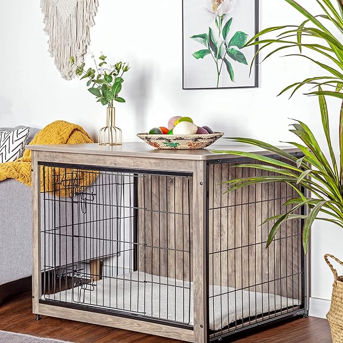 DWANTON Dog Crate Furniture with Cushion, Wooden Kennel Table with Double Doors, Indoor Dog House, Large Size, 38.5" L, Greige-PawvioPets