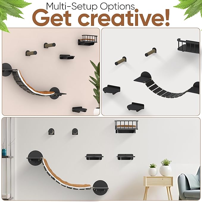 FURRY VIBES Cat Wall Shelves & Perches – 7-in-1 Cat Wall Furniture Set with Bed, Climbing Steps, Scratcher & Bridge Ladder – Black Bamboo Wall Cat Shelf for Indoor Cats-PawvioPets