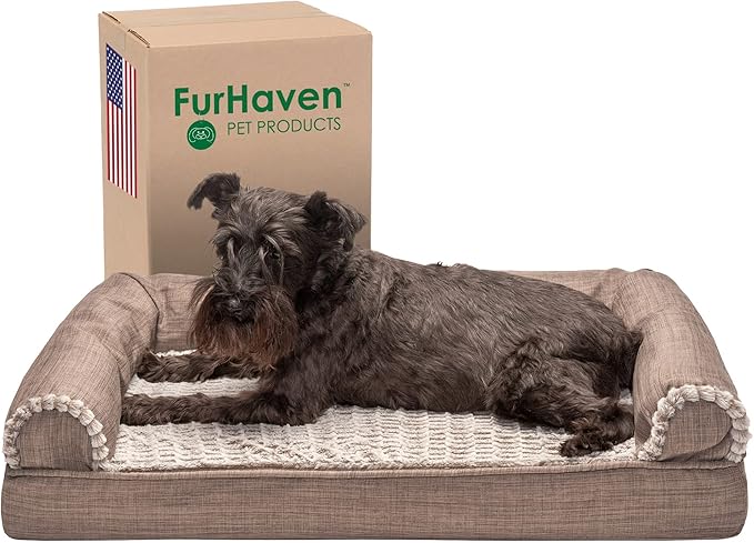 Furhaven Cooling Gel Dog Bed for Medium/Small Dogs w/ Removable Bolsters & Washable Cover, For Dogs Up to 35 lbs - Luxe Faux Fur & Performance Linen Sofa - Woodsmoke, Medium-PawvioPets