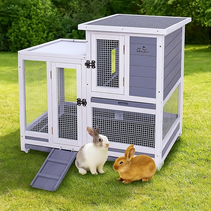 GEGURI Rabbit Hutch, Two-Story Indoor Bunny Cage, Outdoor Guinea Pig Cages for Small Animals with Wheels, Removable Tray-PawvioPets