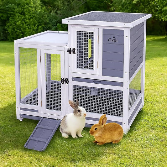 GEGURI Rabbit Hutch, Two-Story Indoor Bunny Cage, Outdoor Guinea Pig Cages for Small Animals with Wheels, Removable Tray-PawvioPets