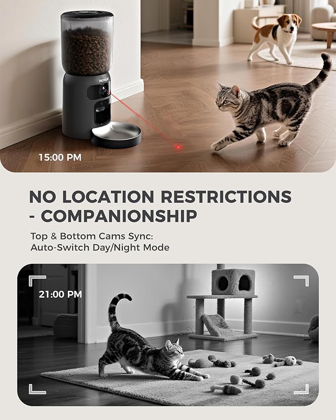 AI Cat Feeder with Dual Cameras (1 Adjustable), 2K HD Night Vision, 5G/2.4G WiFi, 6L Automatic Pet Feeder with APP Control, Laser Interactive Toy, Two-Way Audio & Scheduled Feeding-PawvioPets